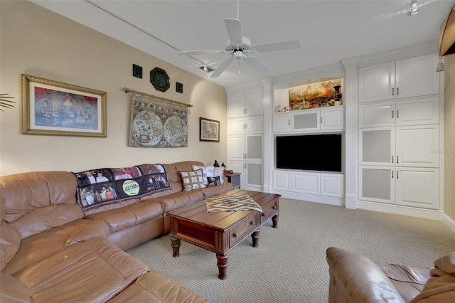 living room featuring ceiling fan and light colored carpet