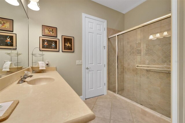 bathroom featuring tile patterned flooring, a shower stall, and vanity