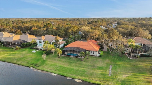 birds eye view of property featuring a water view