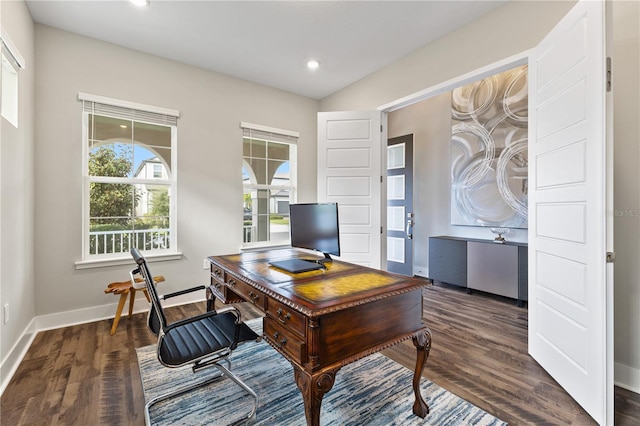 office area featuring baseboards, dark wood finished floors, and recessed lighting