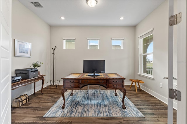 home office with recessed lighting, wood finished floors, visible vents, and baseboards