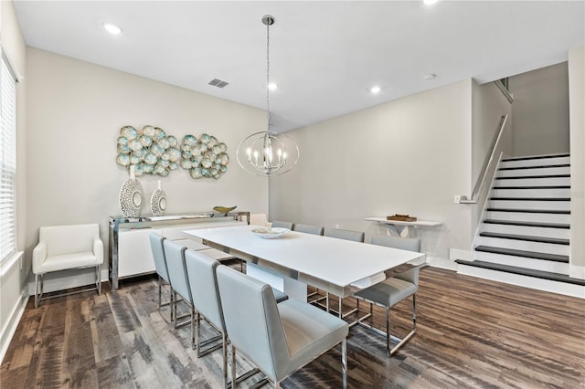 dining room featuring recessed lighting, dark wood-type flooring, visible vents, baseboards, and stairway