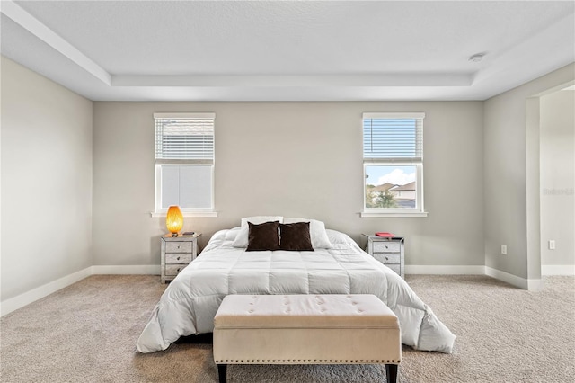 bedroom with carpet, baseboards, and a raised ceiling