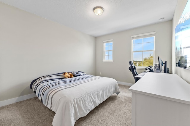 bedroom with baseboards and light colored carpet