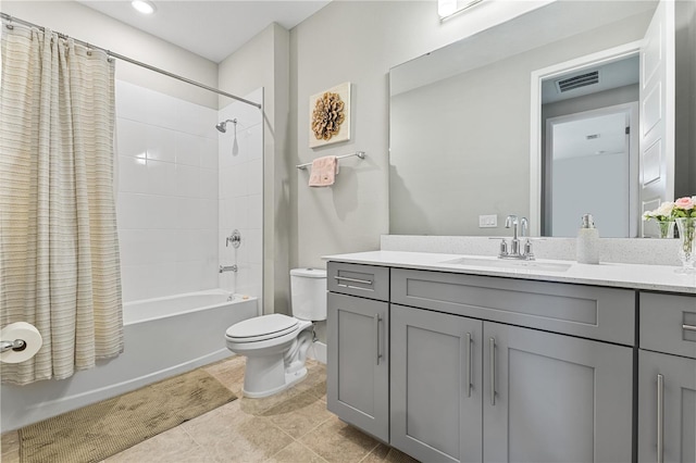 bathroom with toilet, vanity, visible vents, and shower / bathtub combination with curtain