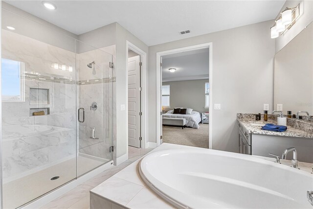 full bathroom featuring visible vents, a stall shower, connected bathroom, and a bath