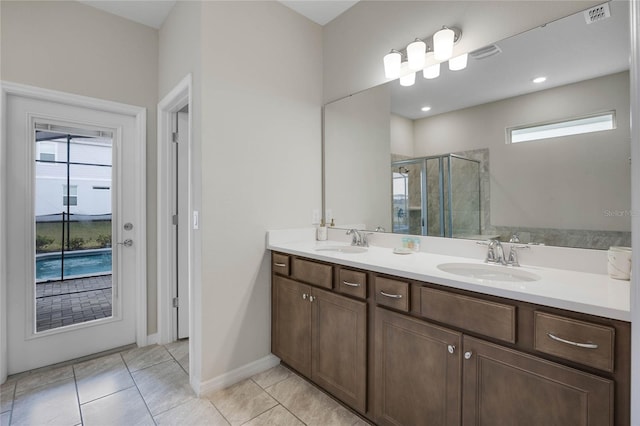 full bathroom featuring double vanity, a shower stall, visible vents, and a sink