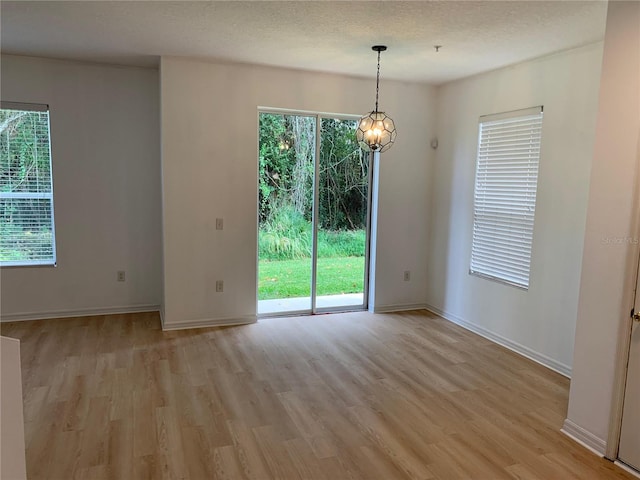 unfurnished room featuring light wood-type flooring, a textured ceiling, and a wealth of natural light