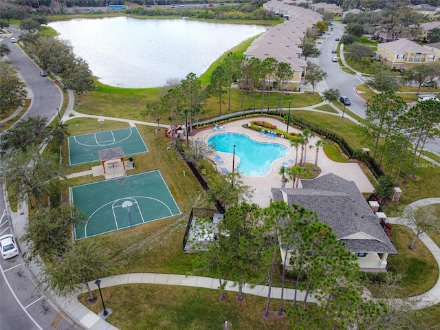 drone / aerial view with a water view