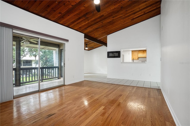 interior space featuring wooden ceiling, light wood-type flooring, a ceiling fan, and baseboards