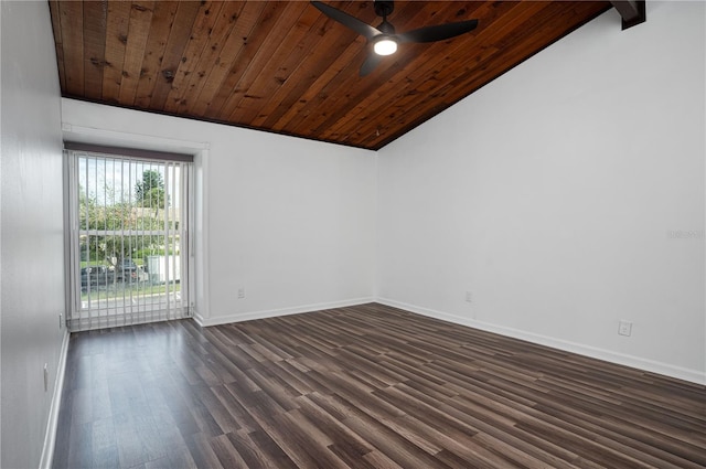 spare room featuring dark wood-type flooring, a ceiling fan, wood ceiling, vaulted ceiling, and baseboards