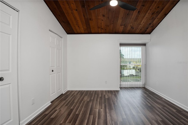 empty room featuring ceiling fan, dark wood-style flooring, wooden ceiling, and baseboards