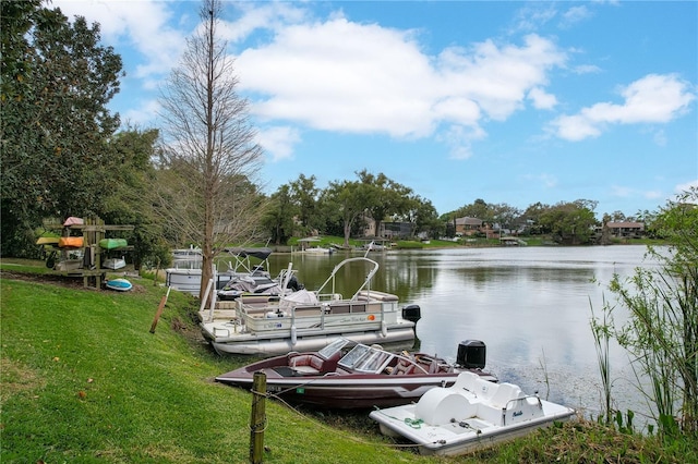 view of dock with a water view and a yard