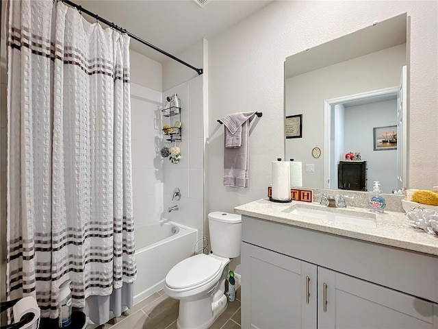 bathroom featuring toilet, shower / bath combination with curtain, and vanity