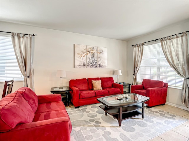 living room with tile patterned flooring