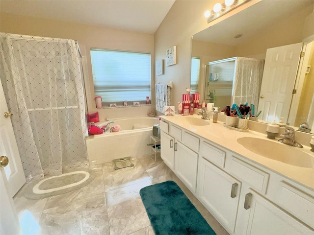 full bath with double vanity, a sink, a bath, and a shower stall