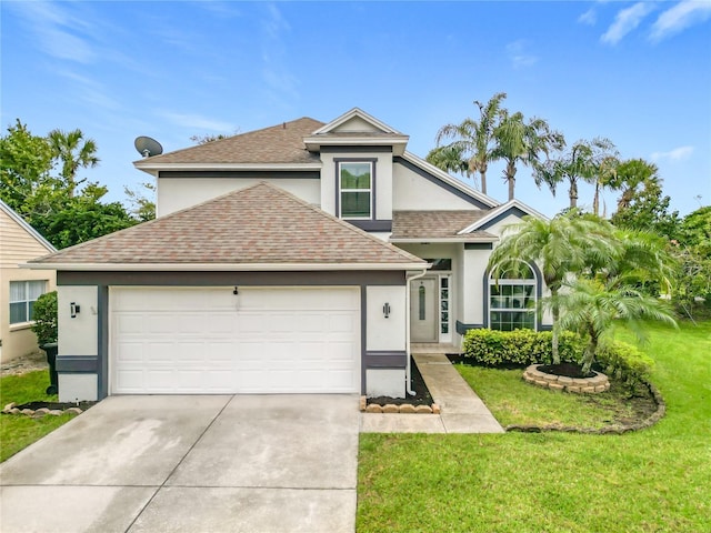 traditional-style home with stucco siding, concrete driveway, a front yard, a shingled roof, and a garage