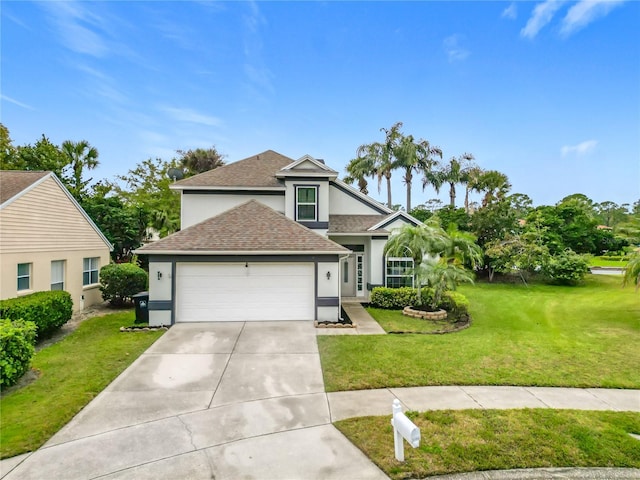 traditional-style home with a front yard, roof with shingles, driveway, an attached garage, and stucco siding