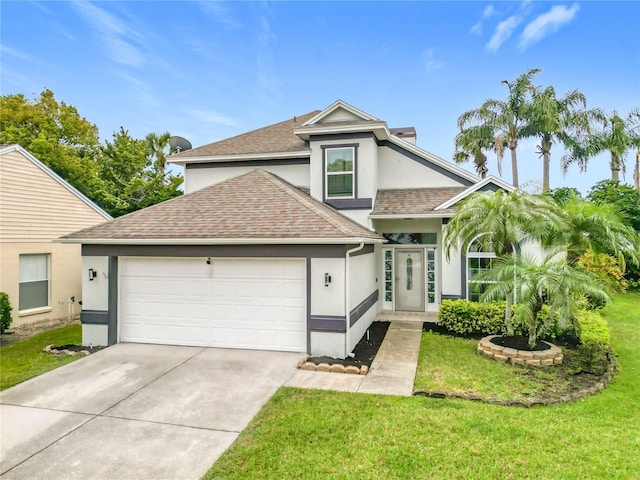 traditional-style home with stucco siding, an attached garage, a shingled roof, and a front yard