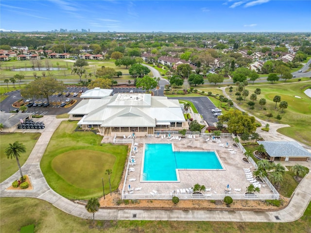 bird's eye view with view of golf course