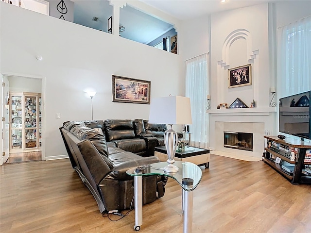 living area featuring a glass covered fireplace, high vaulted ceiling, and wood finished floors