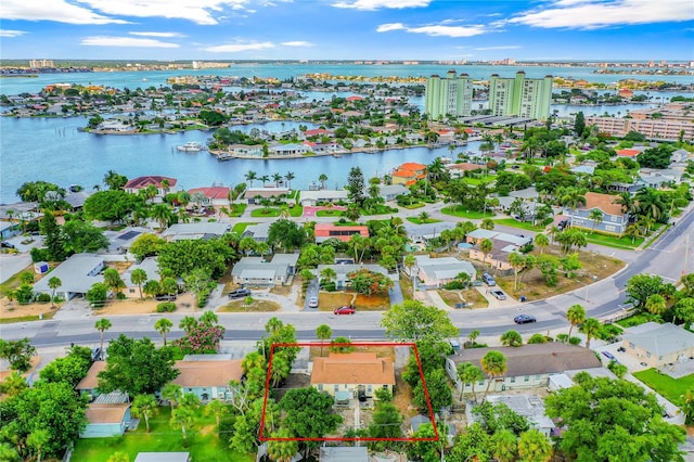 aerial view featuring a water view and a residential view