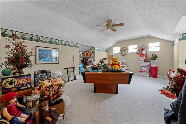 playroom with lofted ceiling, carpet, ceiling fan, and pool table