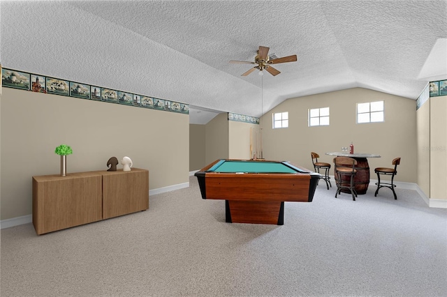 rec room featuring carpet flooring, pool table, a ceiling fan, and vaulted ceiling