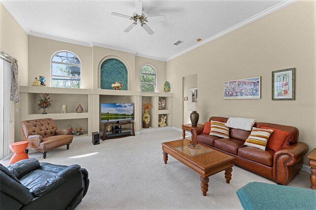 701 Palenci Ct, Winter Springs, FL 32708 - carpeted living room featuring visible vents, built in shelves, baseboards, ornamental molding, and a ceiling fan