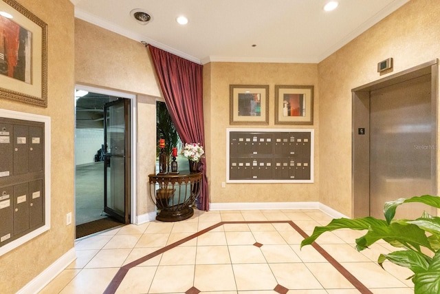 hallway with elevator, tile patterned flooring, mail area, and baseboards