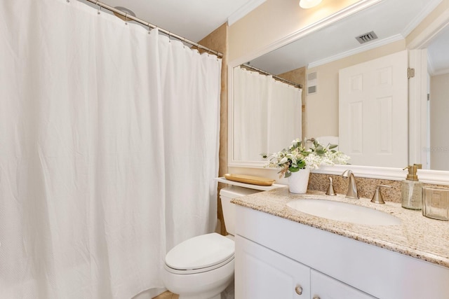 full bathroom with visible vents, vanity, toilet, and crown molding