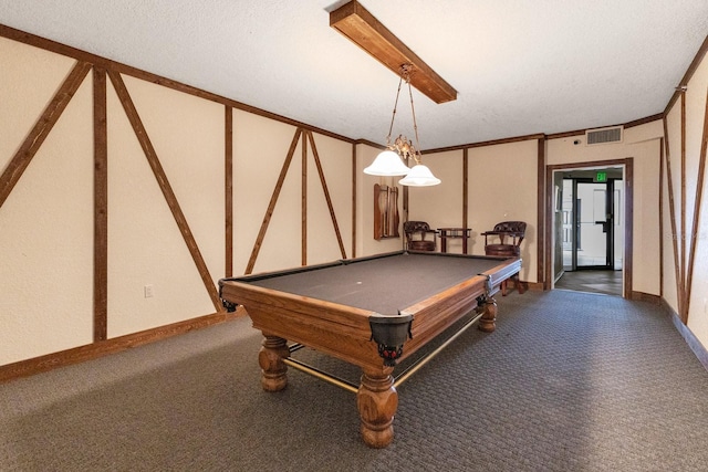 recreation room featuring visible vents, pool table, crown molding, baseboards, and carpet floors