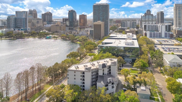 aerial view featuring a city view and a water view