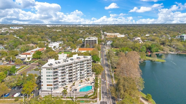 bird's eye view with a water view