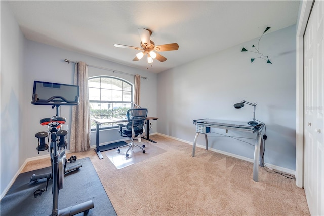 office space featuring baseboards, ceiling fan, and carpet flooring