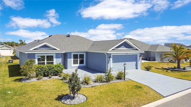 ranch-style house with stucco siding and a front lawn