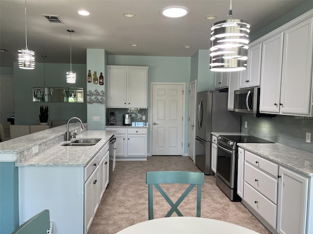 kitchen with white cabinets, visible vents, appliances with stainless steel finishes, and a sink