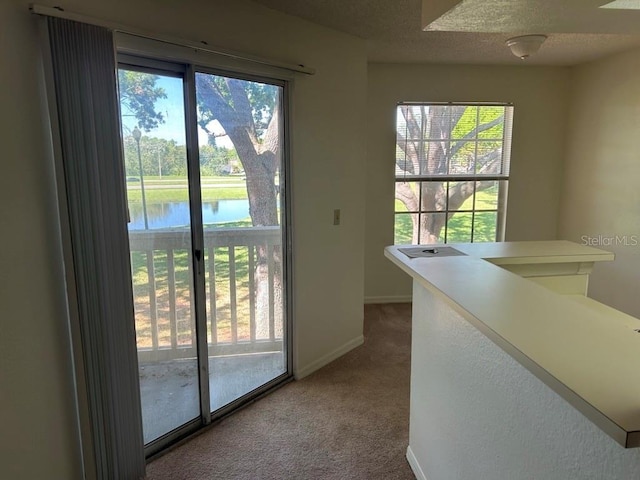 doorway to outside with a textured ceiling, carpet floors, a water view, and baseboards