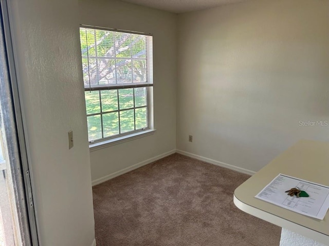 unfurnished room featuring carpet and baseboards