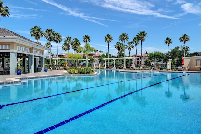 community pool with a pergola