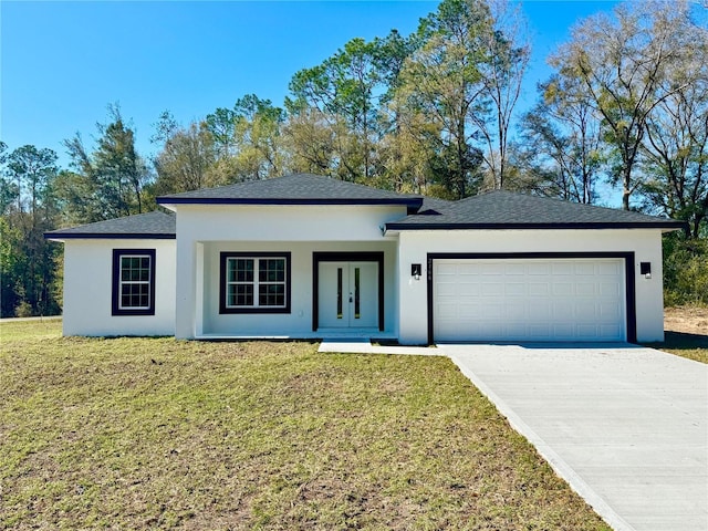 ranch-style house with a garage, concrete driveway, a front lawn, and stucco siding