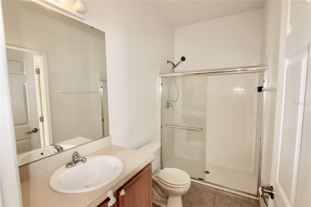 bathroom featuring vanity, a stall shower, tile patterned flooring, and toilet