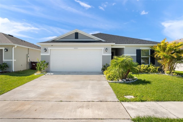 single story home featuring concrete driveway, roof with shingles, an attached garage, a front lawn, and stucco siding