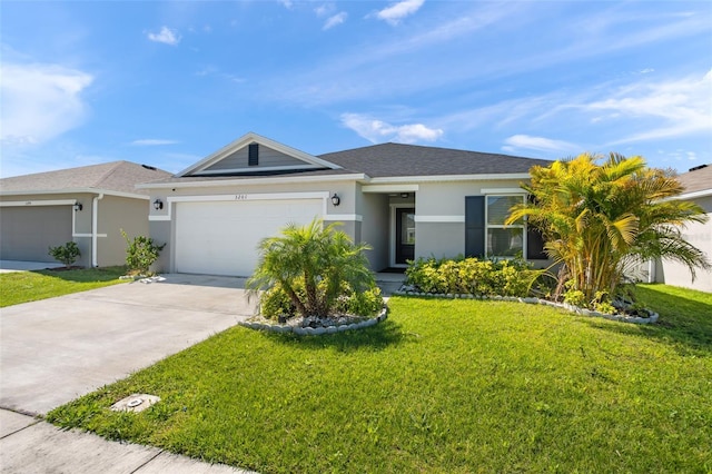 ranch-style home featuring a garage, a shingled roof, driveway, stucco siding, and a front lawn