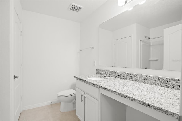 bathroom with baseboards, visible vents, toilet, walk in shower, and vanity