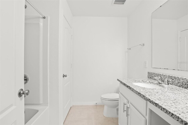 bathroom featuring shower / bath combination, visible vents, toilet, tile patterned flooring, and vanity