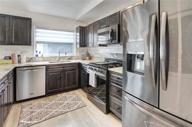 kitchen with a sink, stainless steel appliances, light wood-style floors, and decorative backsplash