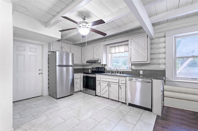 kitchen with log walls, a sink, stainless steel appliances, under cabinet range hood, and dark countertops