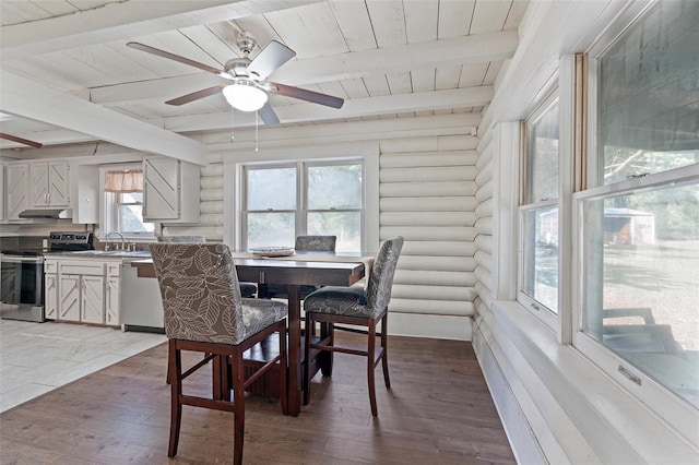 dining room with beamed ceiling, light wood-style flooring, wooden ceiling, and a ceiling fan