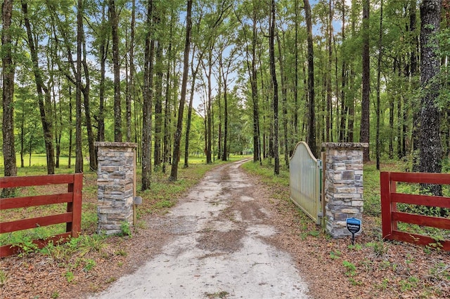 view of street with a gate and driveway